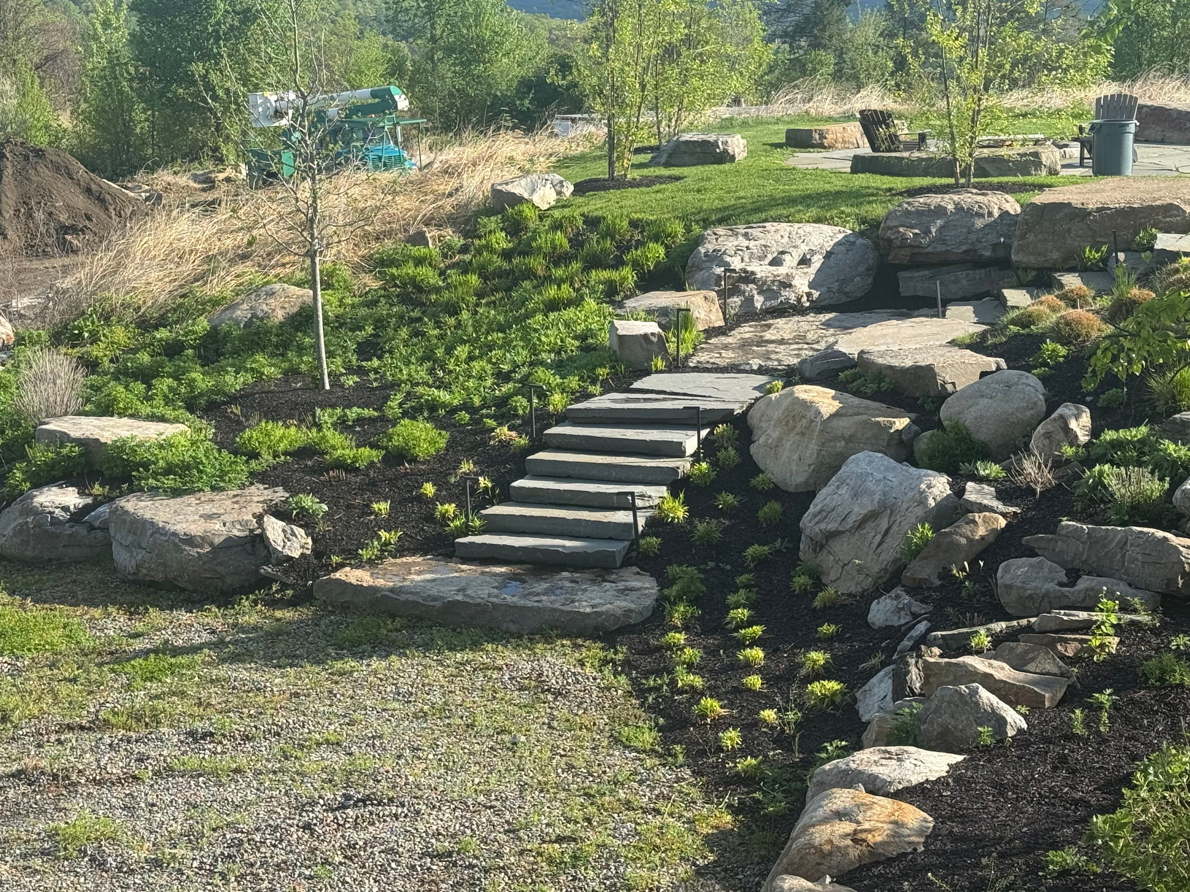 Project Boulder Walls, Bluestone Walkways and Layered Plantings Done Right image