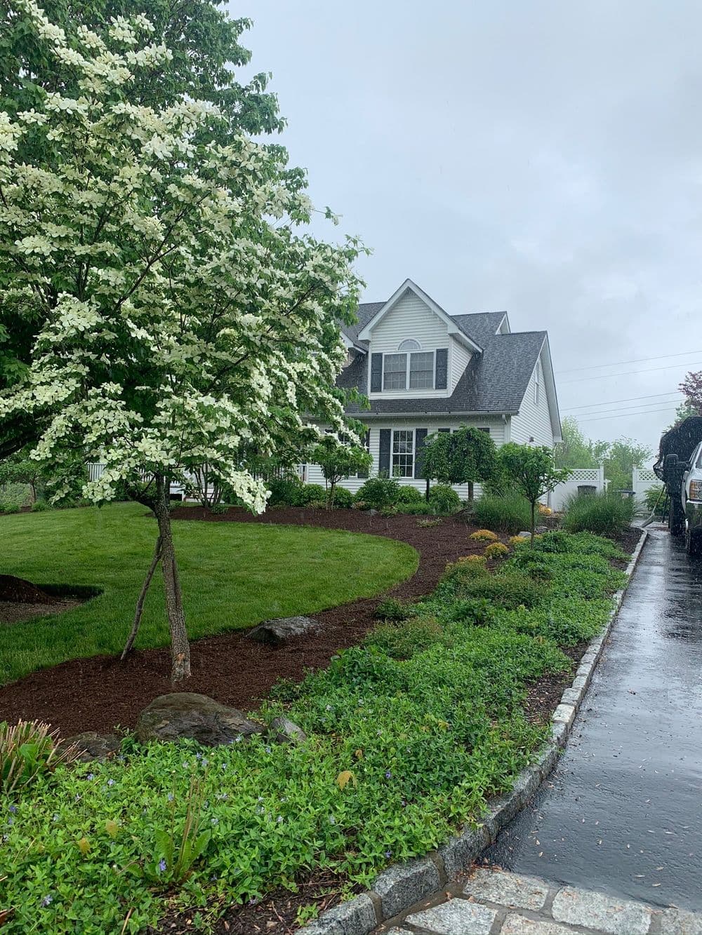 Beautiful house with landscaped yard, flowering tree, and rainy weather in a suburban setting.
