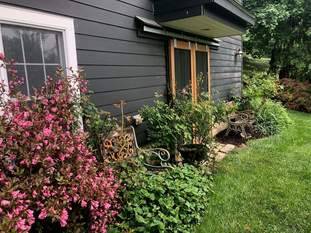 Lush garden with pink flowers and decorative benches beside a modern black house.