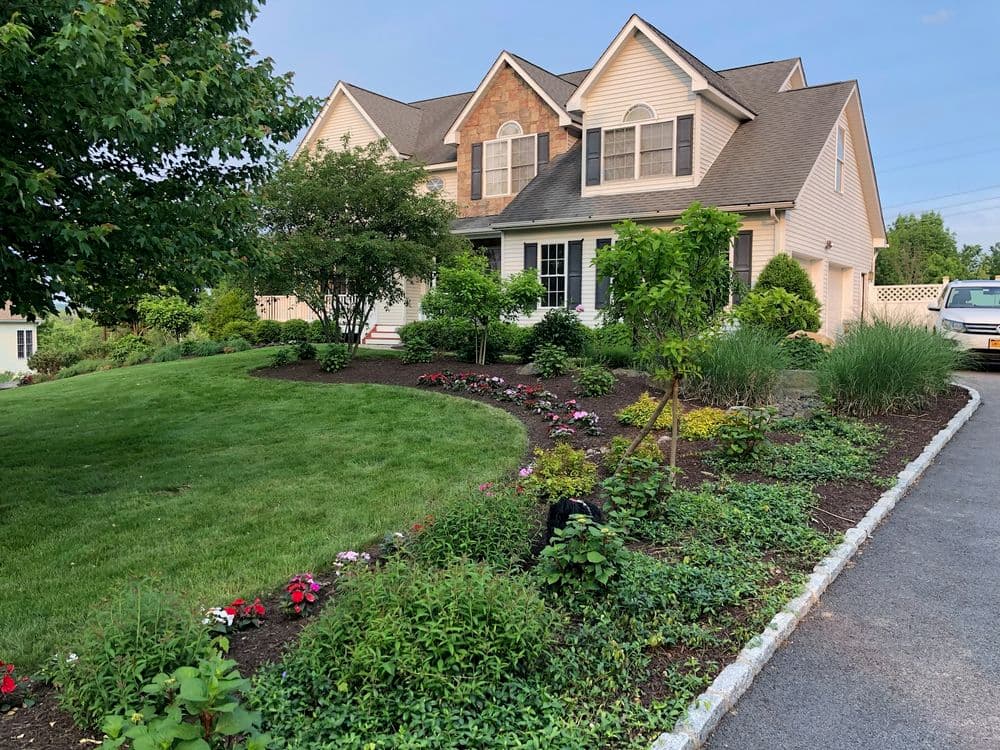 Beautiful suburban home with landscaped garden, flowers, and well-maintained lawn.