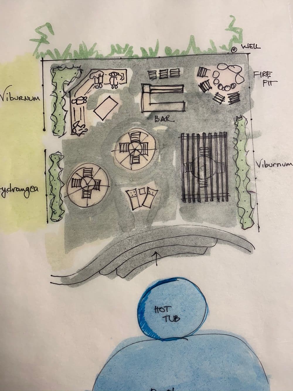 Garden landscape plan featuring seating areas, a bar, fire pit, hot tub, and plant arrangements.