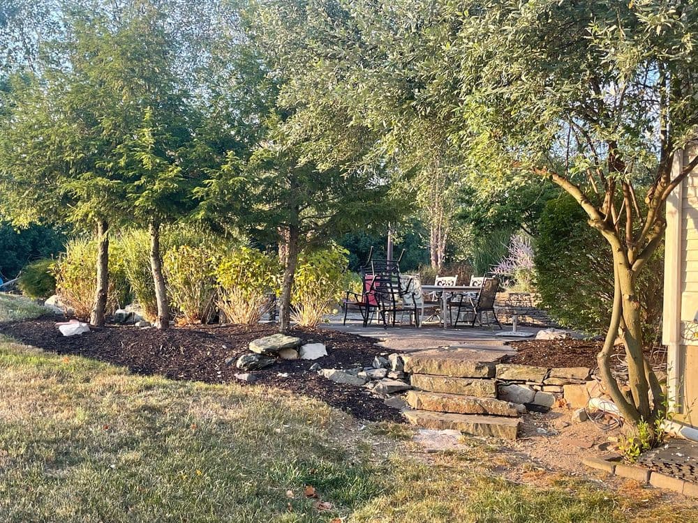 Inviting outdoor patio area surrounded by trees and landscaped garden.